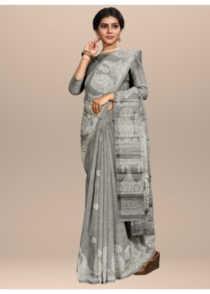 Antique Silver Motif Designer Lightweight Silk Saree