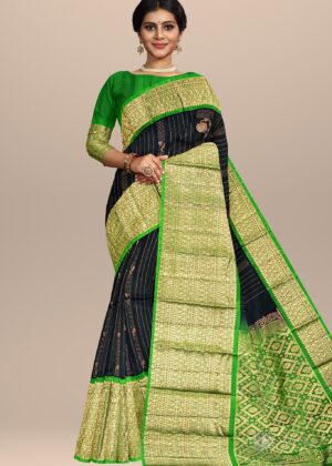 Classic Grace Handwoven Saree in Forest Green and Midnight Blue