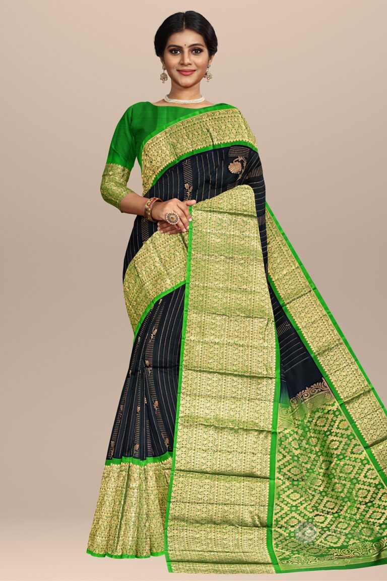 Classic Grace Handwoven Saree in Forest Green and Midnight Blue