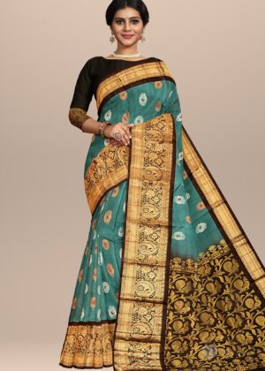 Majestic Blue & Antique Gold Handwoven Saree